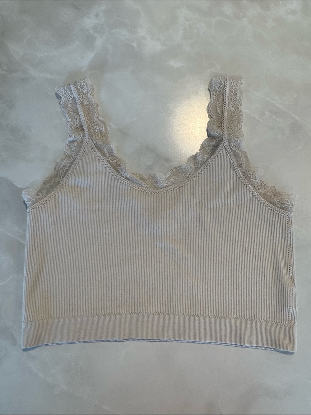 BKE Lace-Trim Ribbed Bralette in Light Beige